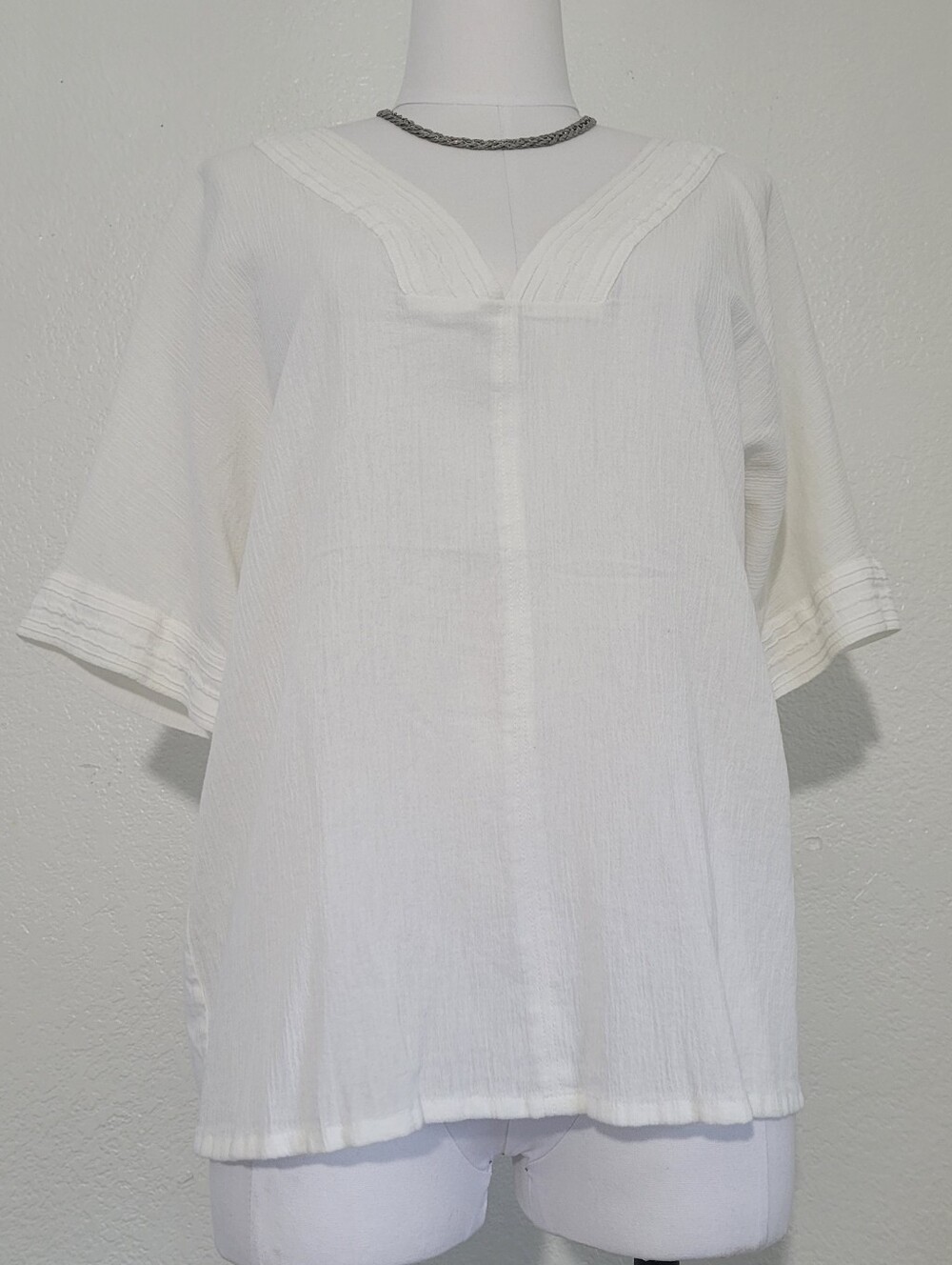 Massimo Dutti Off-White Textured V-Notch Short Sleeve Cotton Tunic Top Medium